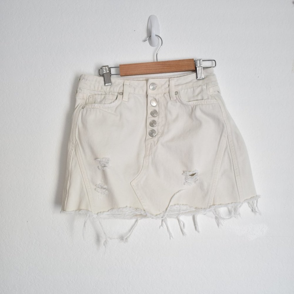 Free People Distressed Button Fly White Denim Skirt